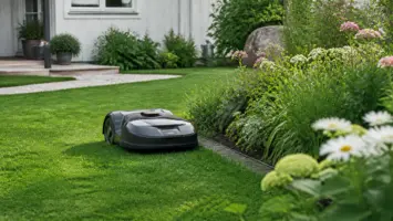 Kompakt robotgräsklippare klipper längs en rabattkant