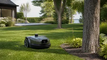 Robotgräsklippare med kamera och lidar navigerar runt träd