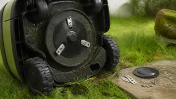 Klippdisk med tre knivar under en robotgräsklippare