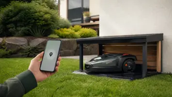 Robotgräsklippare i garage med positionsspårning på mobil