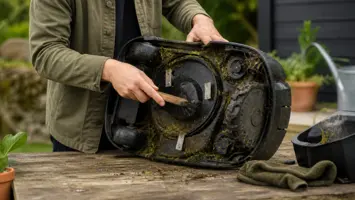 Avstängd robotgräsklippare rengörs med en mjuk borste