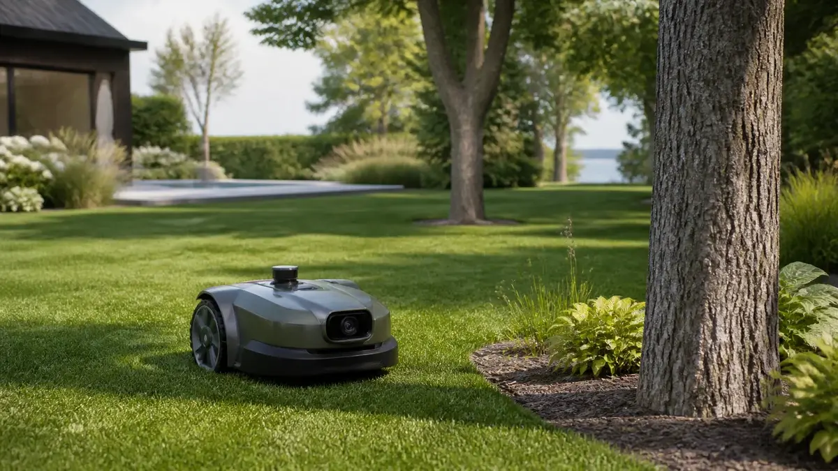 Robotgräsklippare med kamera och lidar navigerar runt träd
