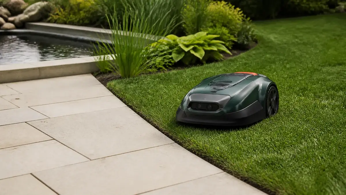 Slinglös robotgräsklippare följer kanten mot stenplattor