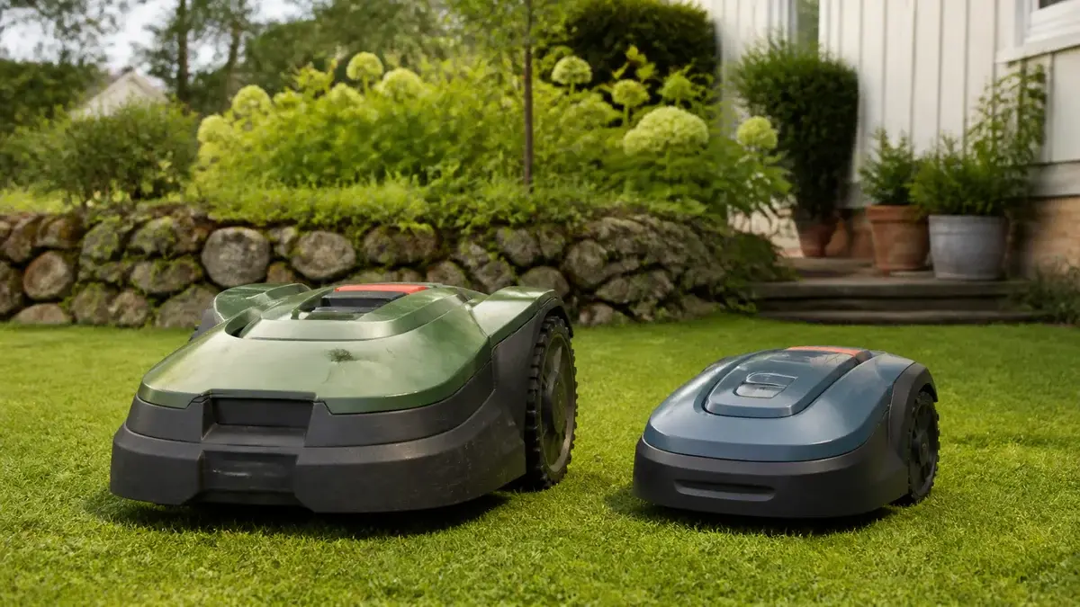 Två olika robotgräsklippare jämförs sida vid sida på gräs