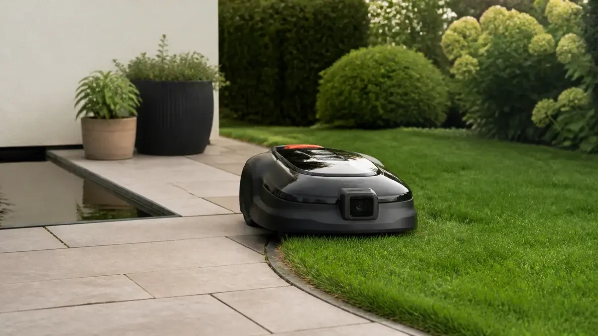 Kamerastyrd robotgräsklippare följer kanten på en uteplats