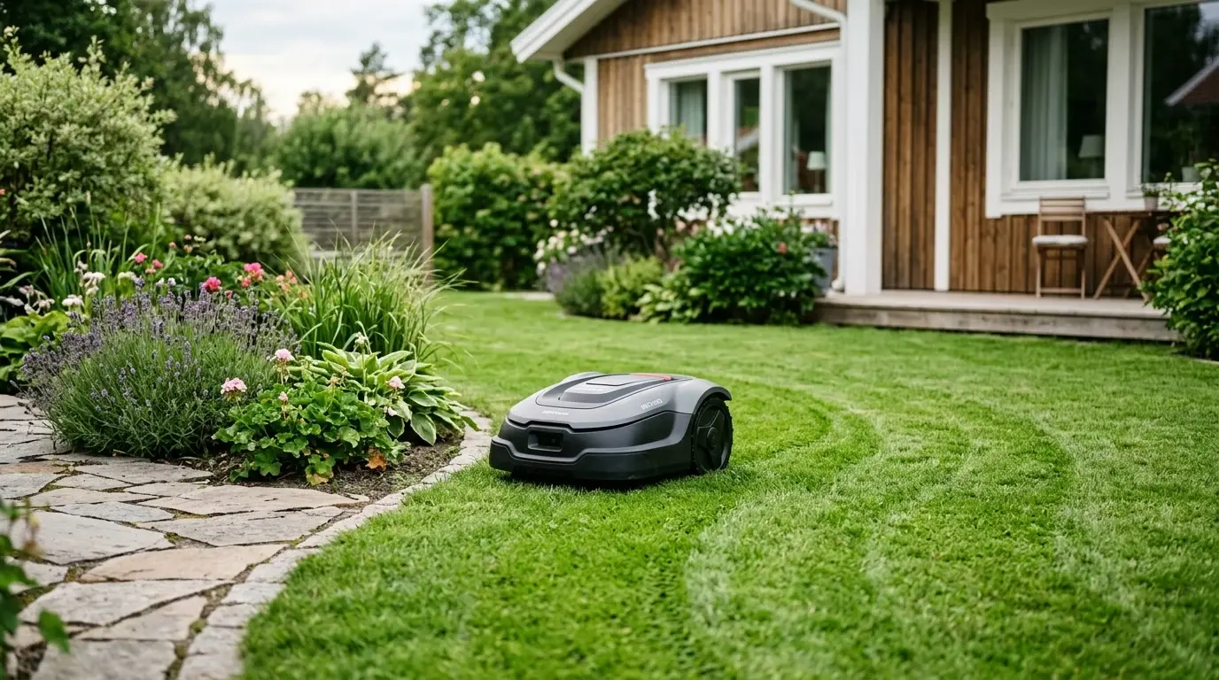 Robotgräsklippare liten trädgård illustrerad inom robotgräsklippare på Robotgräsklippartest.se