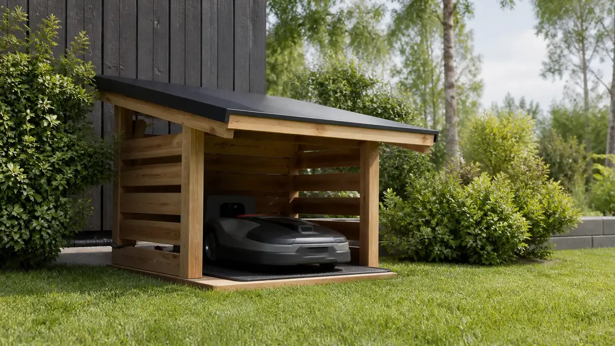Garage till robotgräsklippare illustrert som tillbehör hos Robotgräsklippartest.se