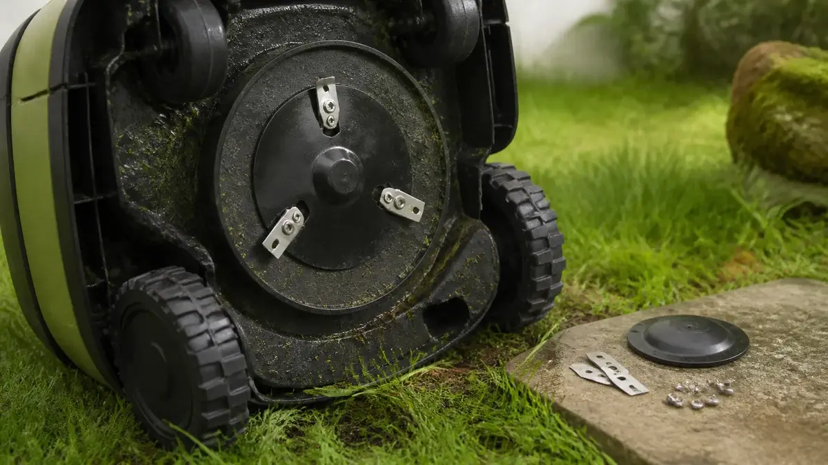 Klippdisk med tre knivar under en robotgräsklippare